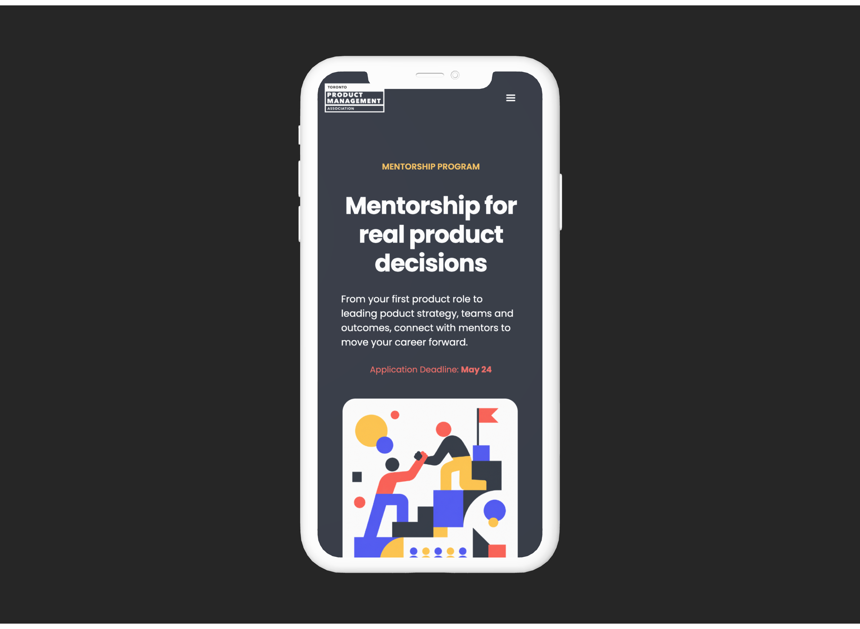 TPMA mentorship program landing page shown inside a mobile phone mockup