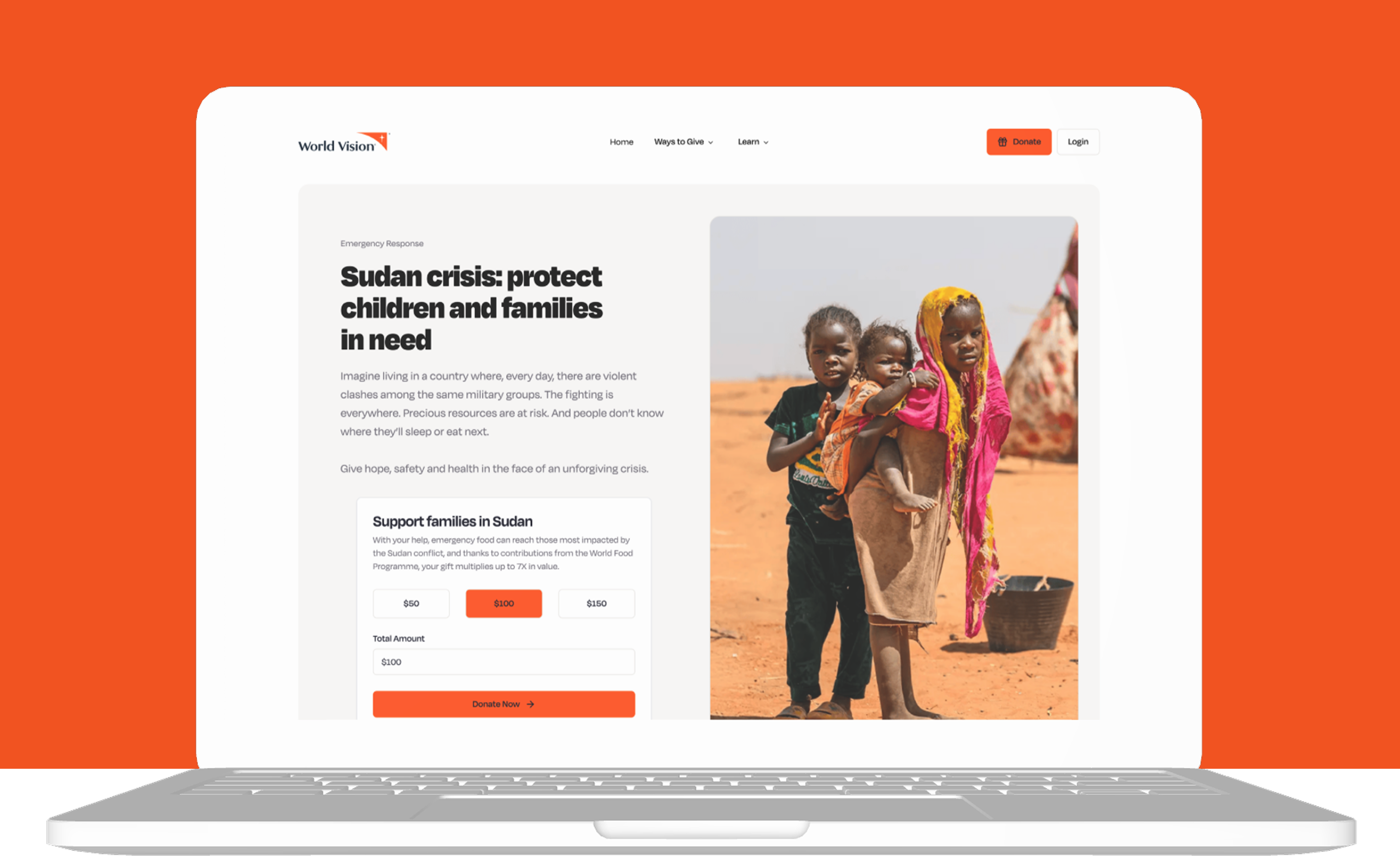 World Vision emergency response donation experience on a laptop