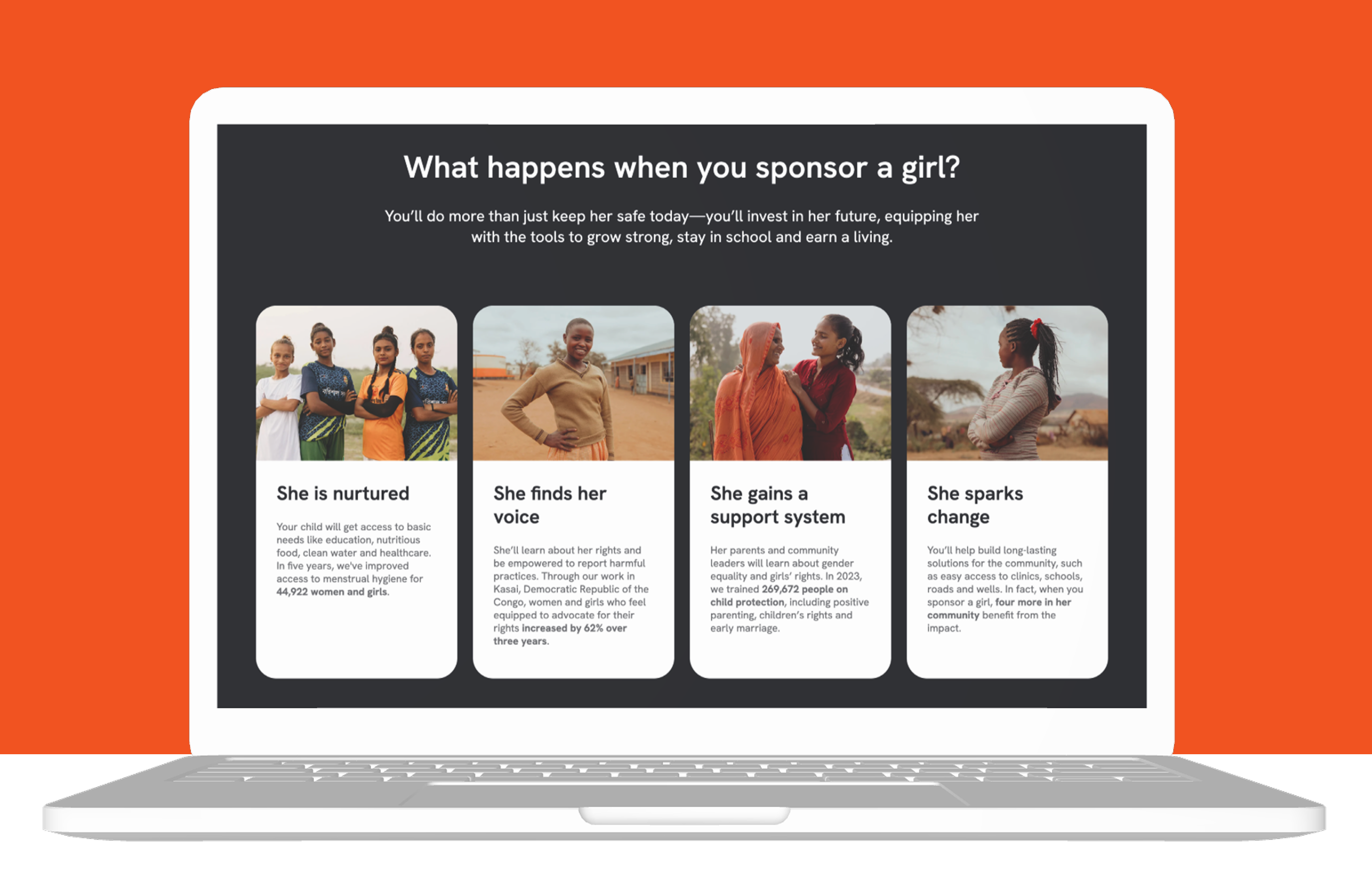 World Vision sponsorship impact content experience on a laptop