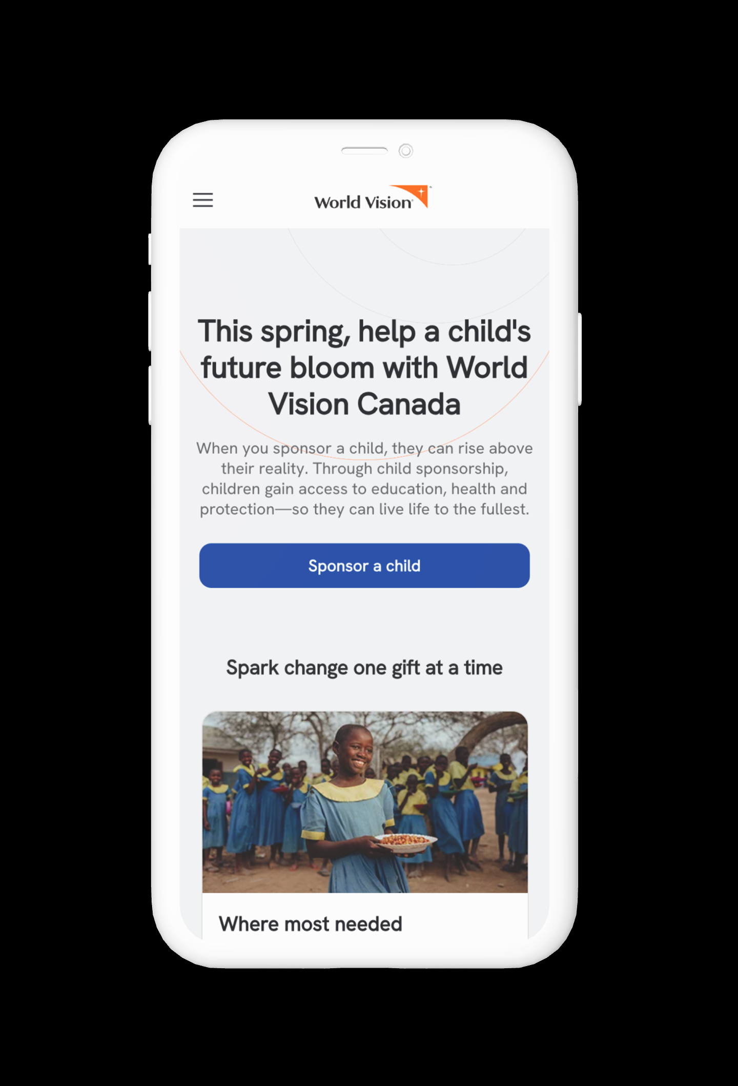 World Vision Canada mobile donation landing page